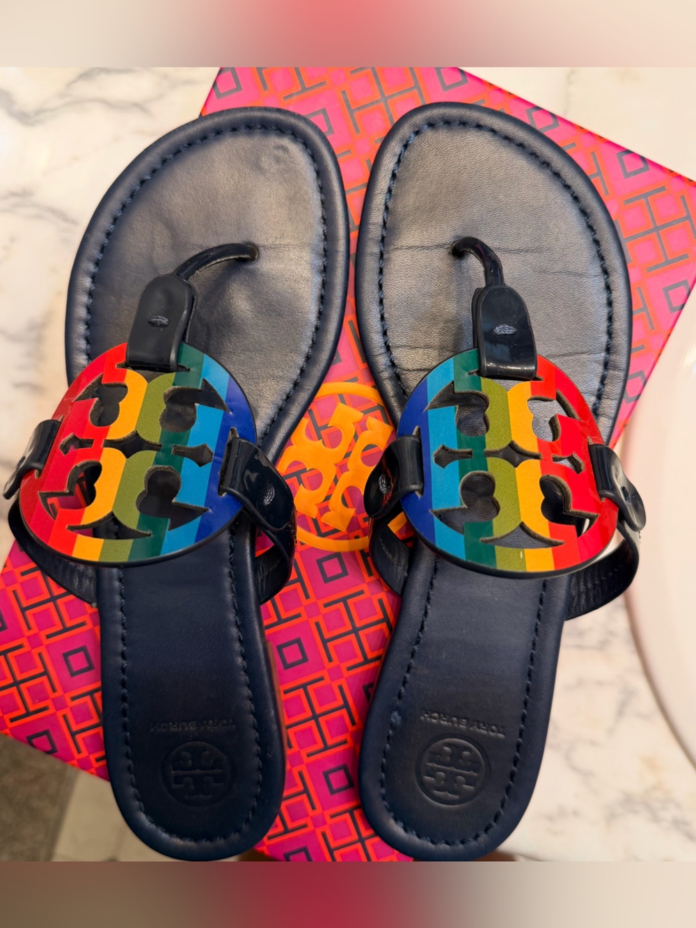 Tory Burch Navy Leather Sandals with Rainbow Logo Discs